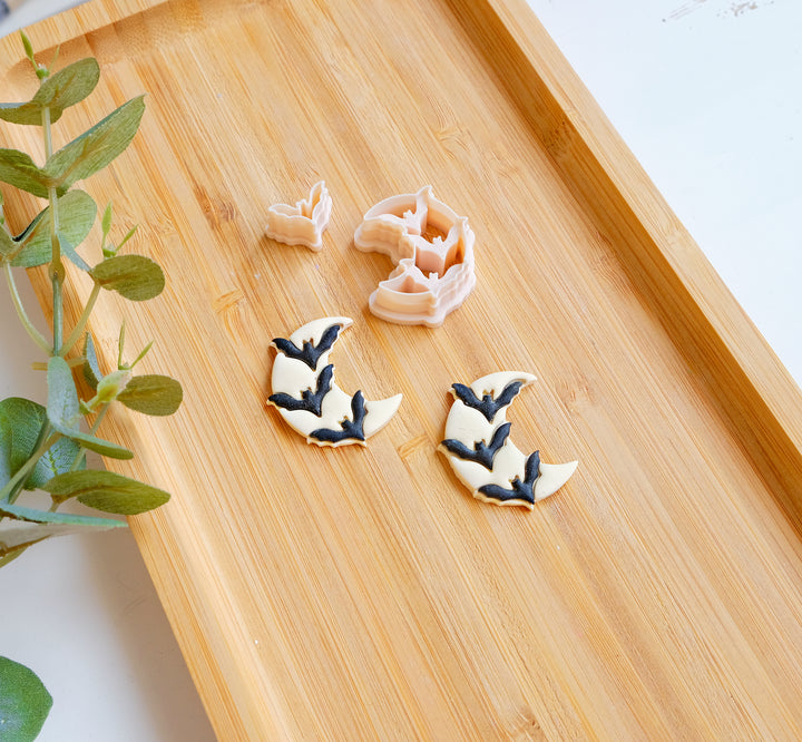 Moon Bat Polymer Clay Earring Cutter Set, Halloween Crescent Bat, Moon Earring Clay Cutter