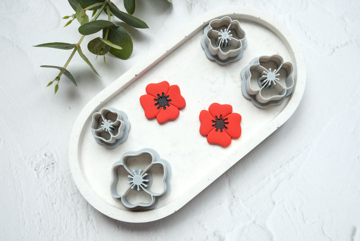 Poppy flower polymer clay cutter, Embossed Poppy cutter, Flower cutter, Poppy earring making set, Clay flower cutter set. Flower stamp