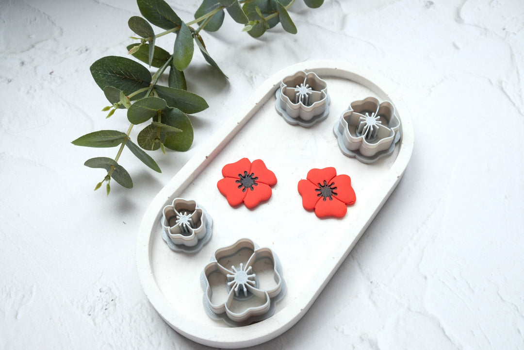 Poppy flower polymer clay cutter, Embossed Poppy cutter, Flower cutter, Poppy earring making set, Clay flower cutter set. Flower stamp