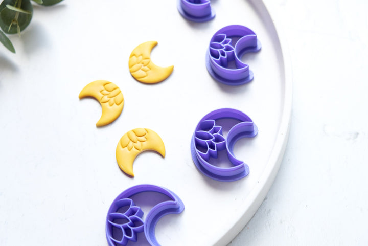 Moon with lotus clay cutter, Moon clay cutter, Embossed moon clay cutter, Scallop clay cutter, Galactico Earring cutter