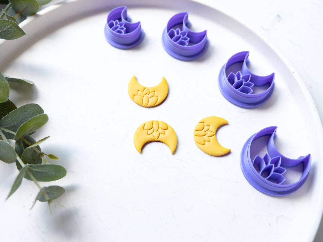 Moon with lotus clay cutter, Moon clay cutter, Embossed moon clay cutter, Scallop clay cutter, Galactico Earring cutter