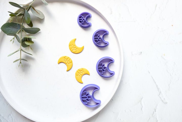 Moon with lotus clay cutter, Moon clay cutter, Embossed moon clay cutter, Scallop clay cutter, Galactico Earring cutter