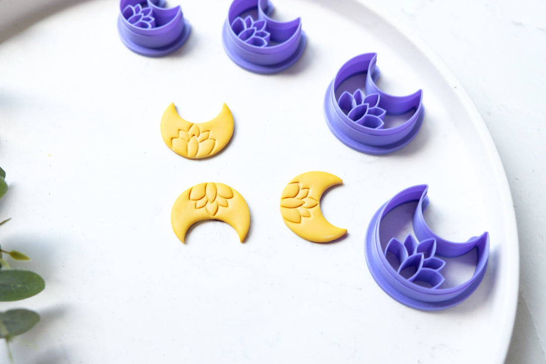 Moon with lotus clay cutter, Moon clay cutter, Embossed moon clay cutter, Scallop clay cutter, Galactico Earring cutter