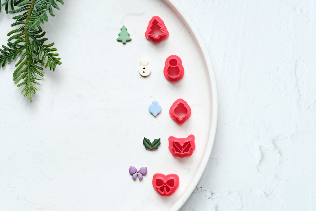 Christmas Stud Polymer Clay Cutters, Bow clay cutter, Christmas Tree earring clay cutter, Holly leaf Clay Cutters, Snowman earrings