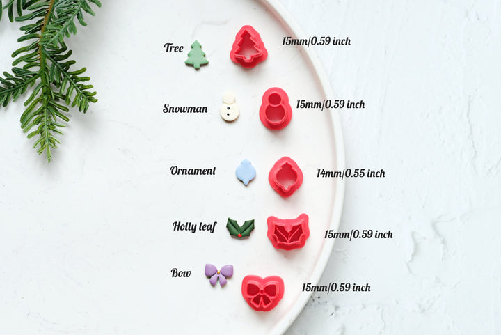 Christmas Stud Polymer Clay Cutters, Bow clay cutter, Christmas Tree earring clay cutter, Holly leaf Clay Cutters, Snowman earrings