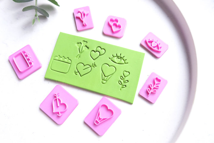 Valentine Polymer clay stamp set (7pc), Heart clay stamp, Eye Clay stamp, Floral stamps, Leave and flower stamps, Earring making tools