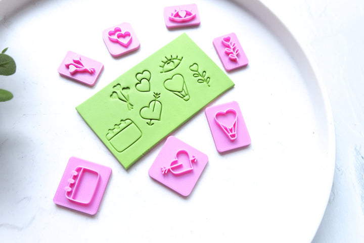 Valentine Polymer clay stamp set (7pc), Heart clay stamp, Eye Clay stamp, Floral stamps, Leave and flower stamps, Earring making tools