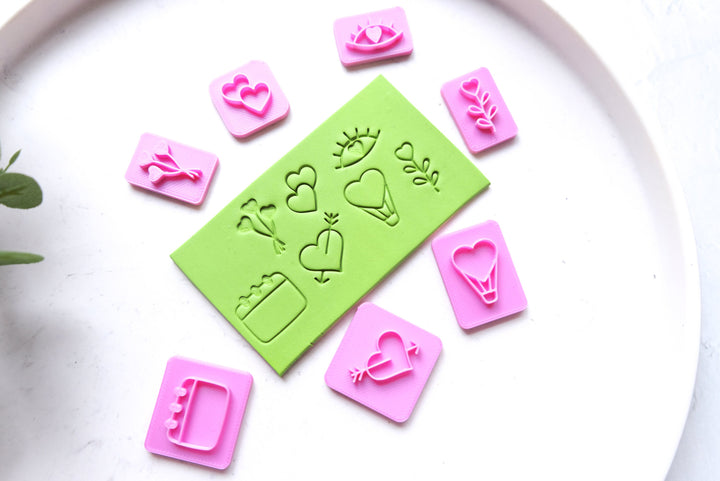 Valentine Polymer clay stamp set (7pc), Heart clay stamp, Eye Clay stamp, Floral stamps, Leave and flower stamps, Earring making tools