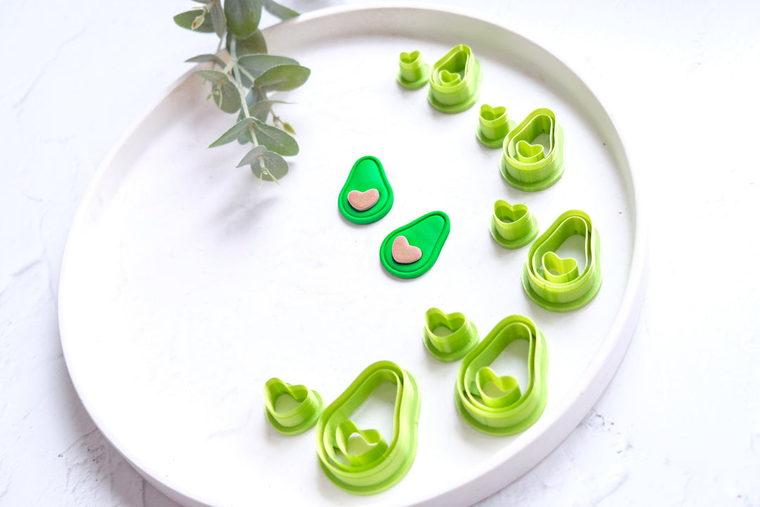 Avocado clay cutter with heart, Valentine earring cutter, Heart Clay cutter, Summer Clay Cutters, Avocado earrings, Polymer clay cutter set