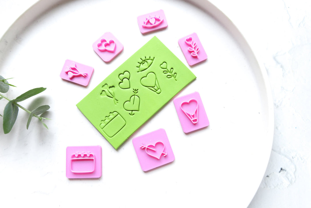 Valentine Polymer clay stamp set (7pc), Heart clay stamp, Eye Clay stamp, Floral stamps, Leave and flower stamps, Earring making tools