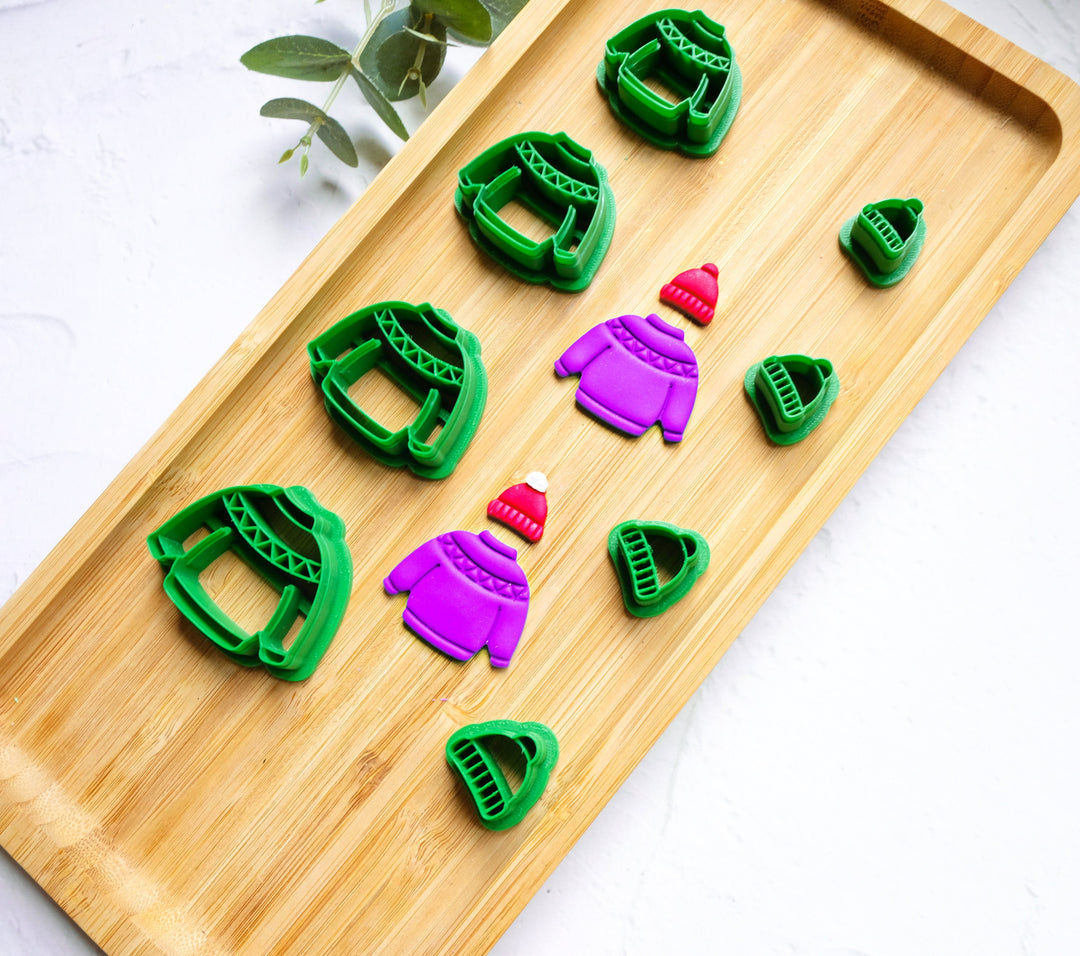 Christmas Sweater and Hat Clay Cutter Set, Ugly Sweater Clay Cutter, Christmas earrings, Scallop Christmas sweater clay cutter