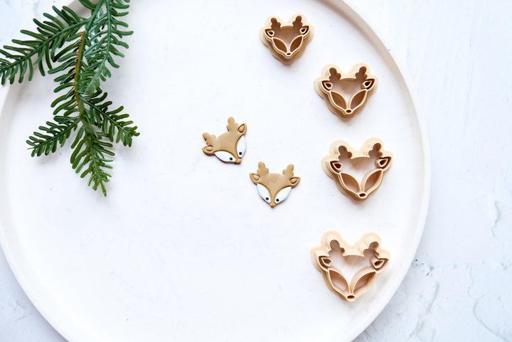 Christmas Deer Clay Cutter Set: Embossed Reindeer Earrings, 4 Sizes
