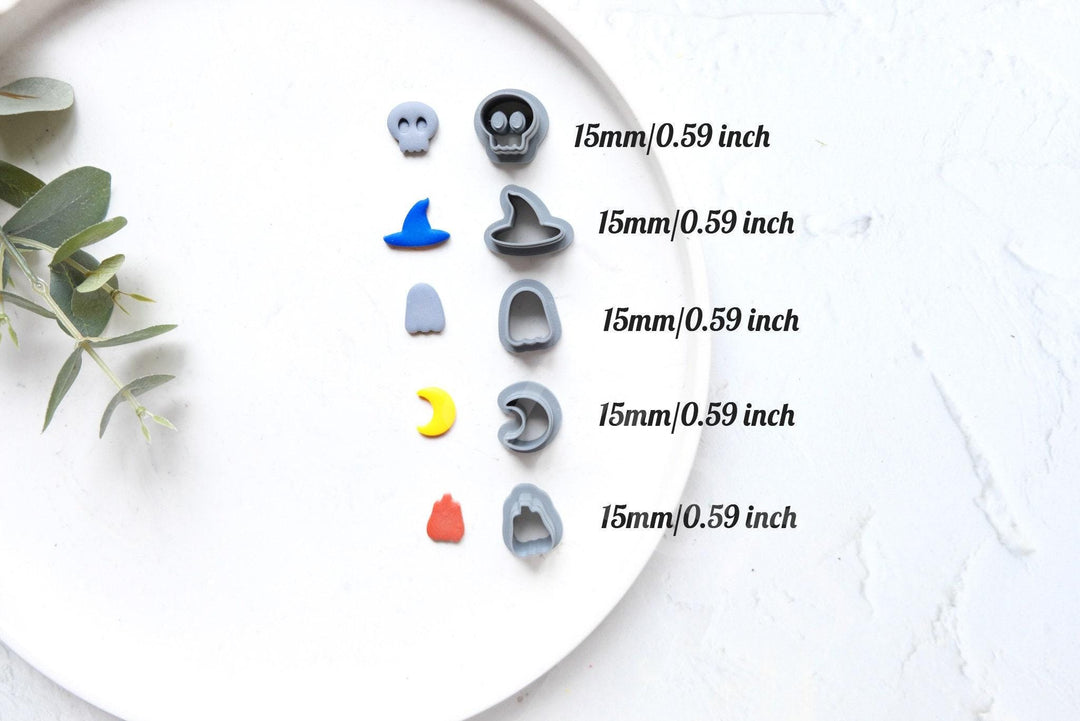 Halloween Polymer Clay Cutters: Pumpkin, Ghost, Skull, Moon, Witch