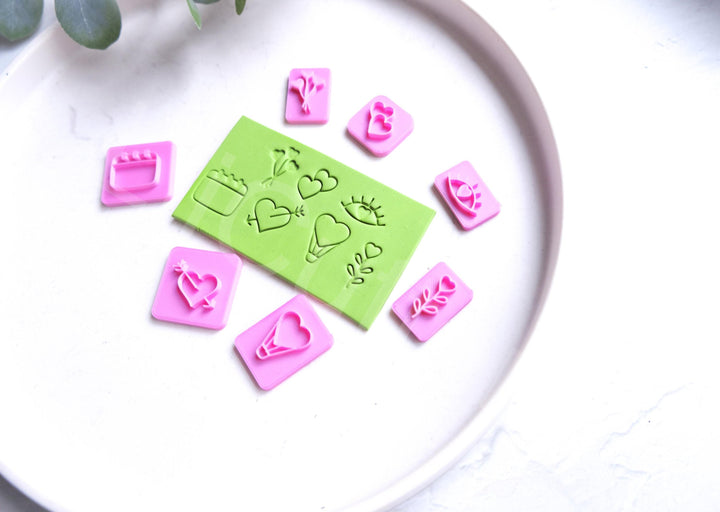 Valentine Polymer Clay Stamp Set: Heart, Floral, Eye Designs