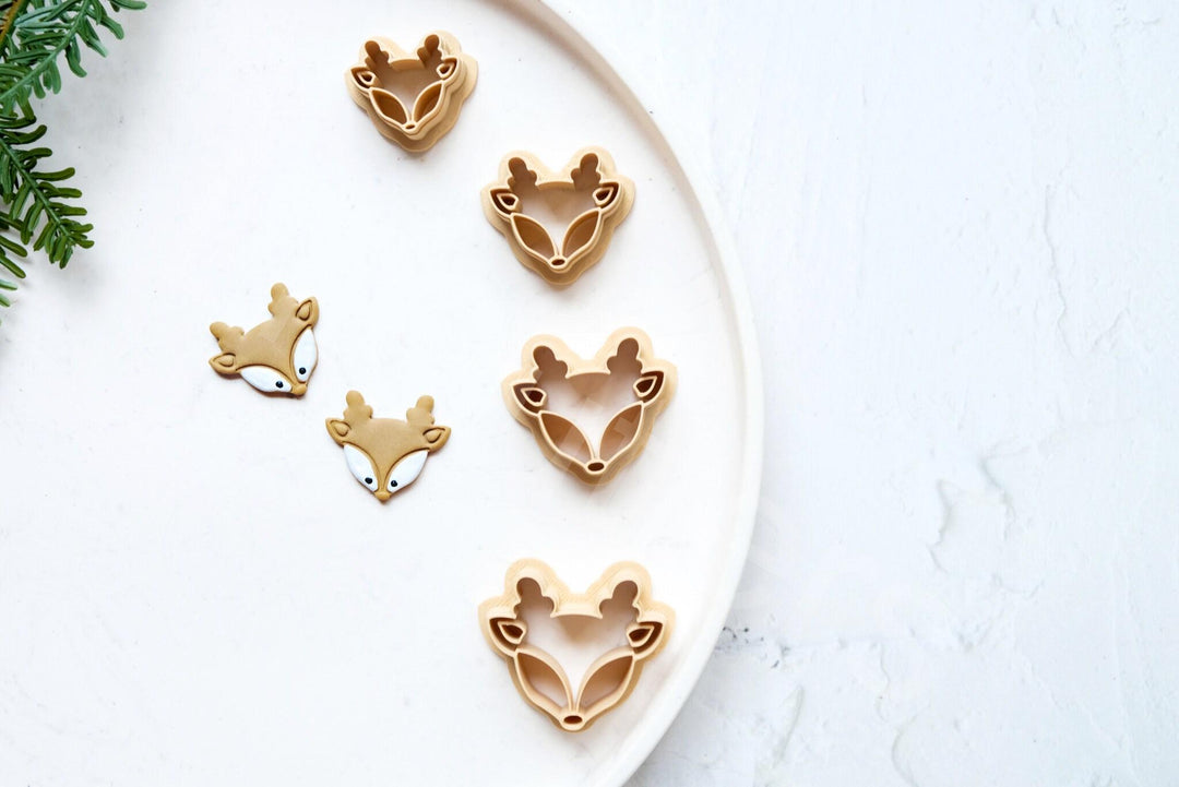 Christmas Deer Clay Cutter Set: Embossed Reindeer Earrings, 4 Sizes