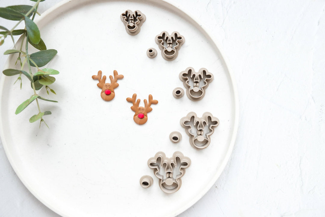 Rudolph Deer Polymer Clay Cutter Set: Christmas Earrings, Cookie Fondant