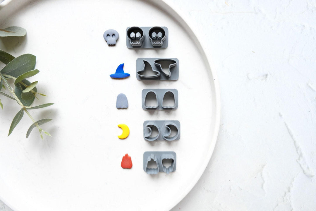 Halloween Polymer Clay Cutters: Pumpkin, Ghost, Skull, Moon, Witch