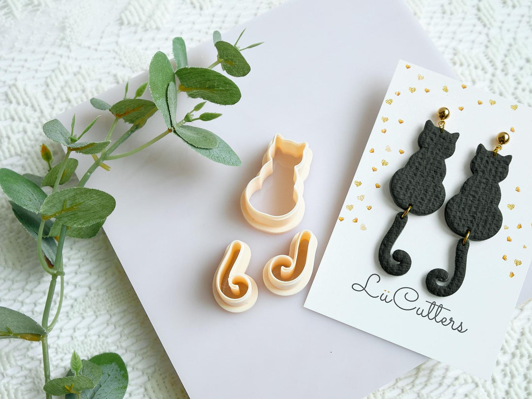 Cat with Tail Polymer Clay Earring Cutters: Kitty & Tail DIY Jewelry Making - LiiCutters, Cat Earring, Animal Clay Cutter