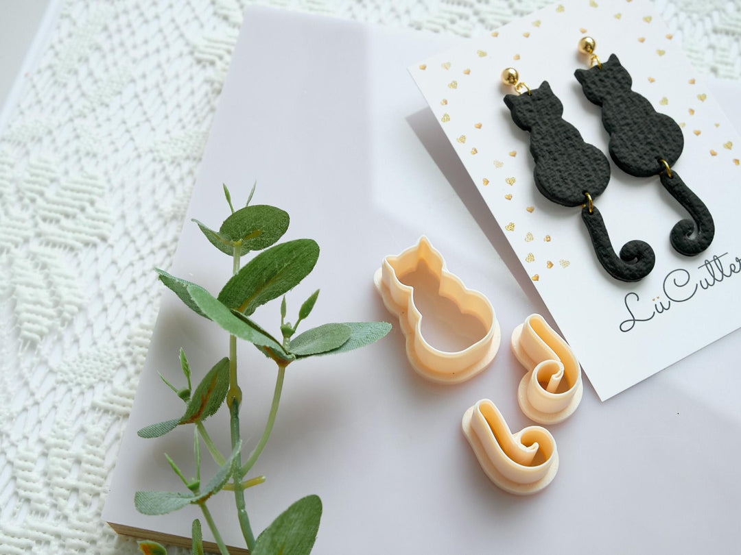 Cat with Tail Polymer Clay Earring Cutters: Kitty & Tail DIY Jewelry Making - LiiCutters, Cat Earring, Animal Clay Cutter