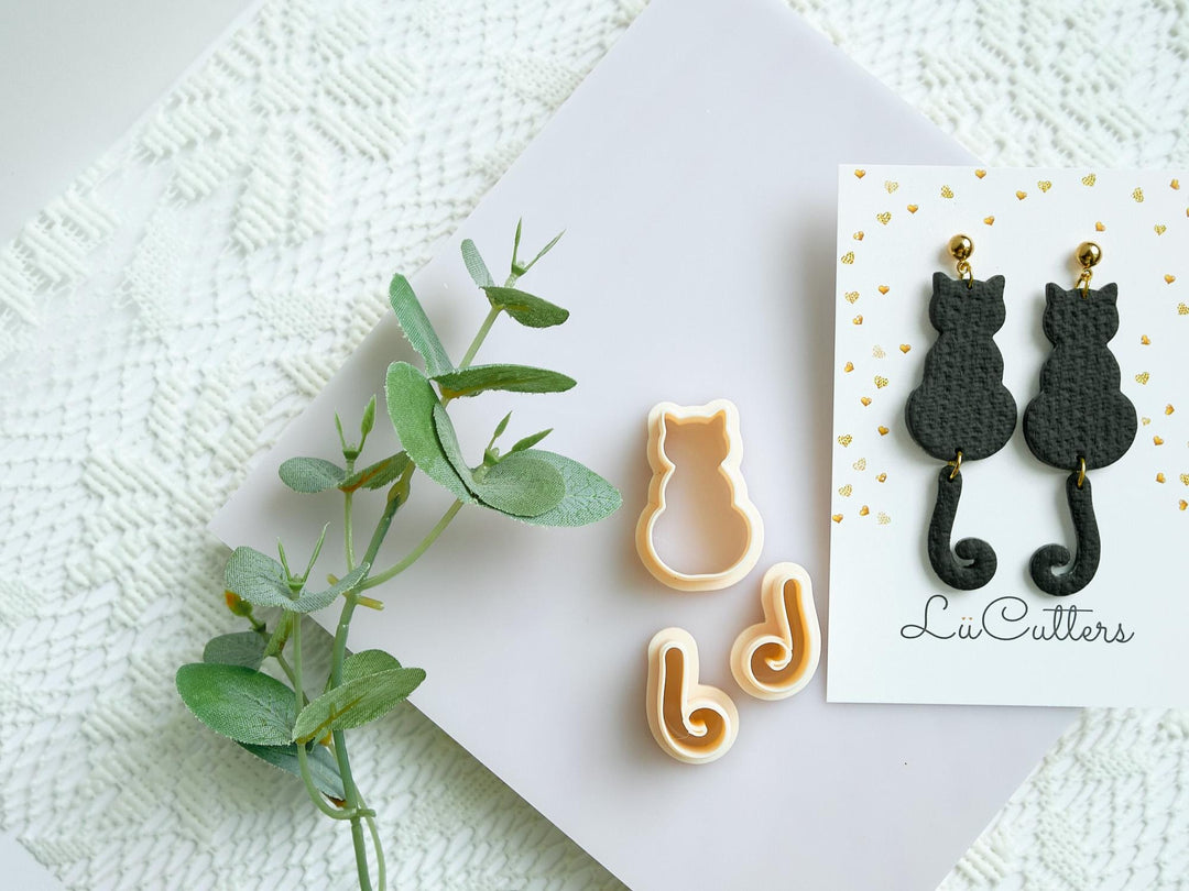 Cat with Tail Polymer Clay Earring Cutters: Kitty & Tail DIY Jewelry Making - LiiCutters, Cat Earring, Animal Clay Cutter