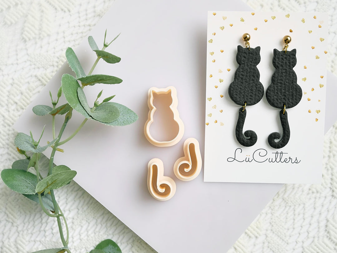 Cat with Tail Polymer Clay Earring Cutters: Kitty & Tail DIY Jewelry Making - LiiCutters, Cat Earring, Animal Clay Cutter