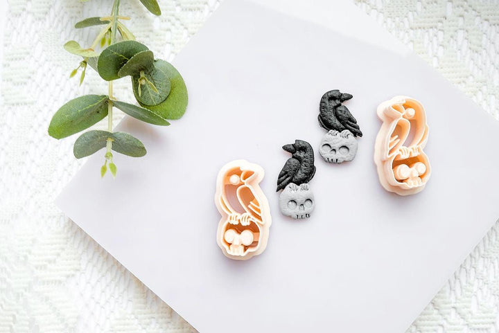 Raven on Skull Polymer Clay Cutter: Gothic Halloween Jewelry Mold