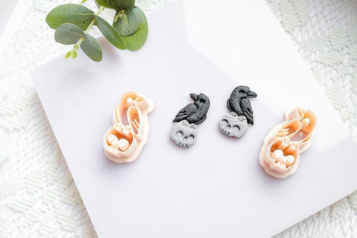 Raven on Skull Polymer Clay Cutter: Gothic Halloween Jewelry Mold