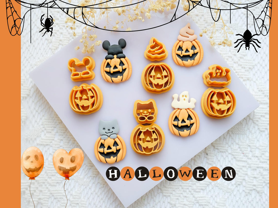 Halloween Pumpkin Polymer Clay Cutter Set: Cat, Ghost, Latte, Mouse