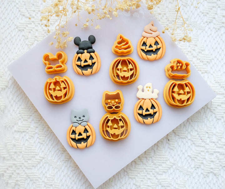 Halloween Pumpkin Polymer Clay Cutter Set: Cat, Ghost, Latte, Mouse