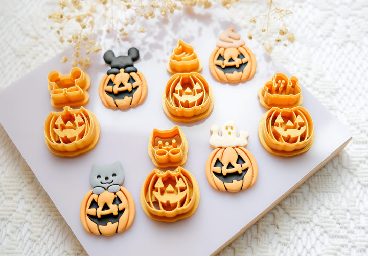 Halloween Pumpkin Polymer Clay Cutter Set: Cat, Ghost, Latte, Mouse