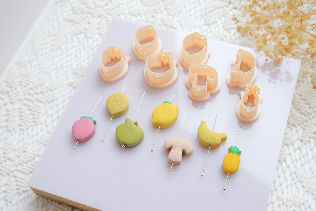 Bead Cutters for Clay Jewelry, Mini Polymer Clay Cutter Set, Earrings & Charms, Strawberry, Apple, Lemon, Banana, Pineapple, Mushroom Shapes