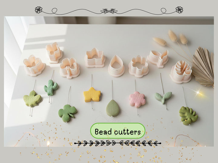 Floral and Botanical Polymer Clay Bead Cutters 20mm | Mini Clay Cutter Set for Earrings & Charms, Cactus, Monstera leaf, flower, Leaf set