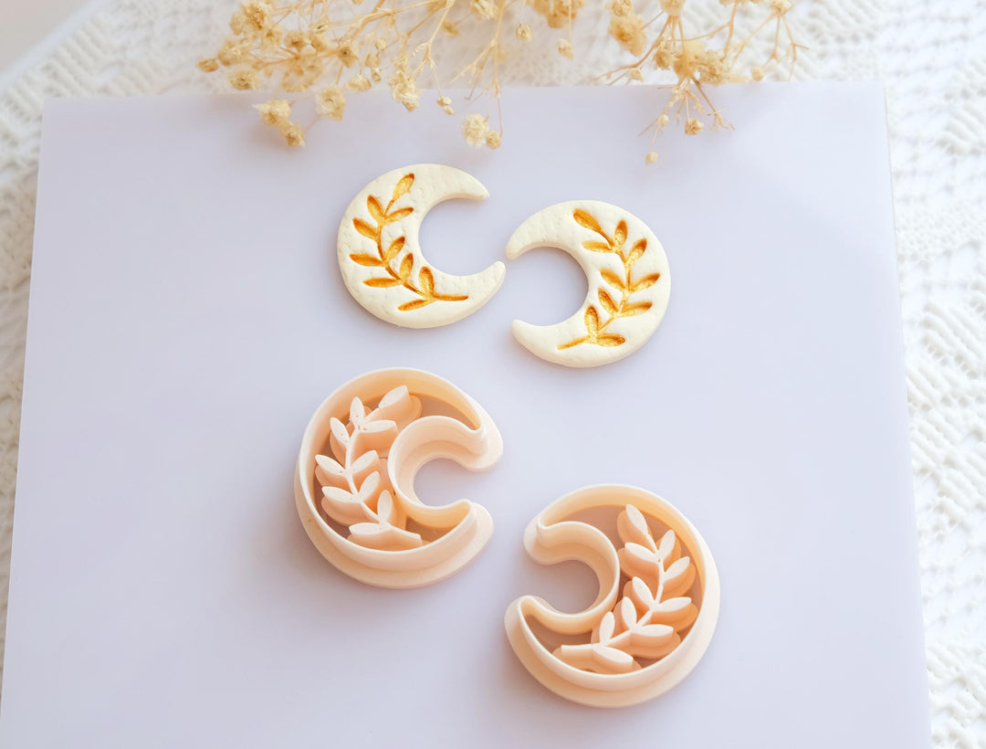Moon with Flower Imprint Polymer Clay Cutters | Floral Moon Clay Cutter Set for Earring & Jewelry Making tool