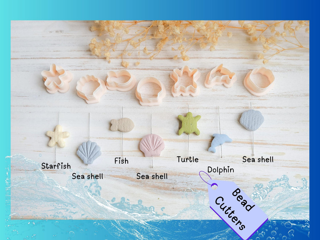 Ocean Bead Cutters | 20mm Polymer Clay Cutters for Jewelry | Sea Shell, Starfish, Dolphin, Turtle, Fish Bead Shape cutters