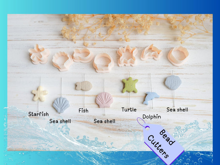 Ocean Bead Cutters | 20mm Polymer Clay Cutters for Jewelry | Sea Shell, Starfish, Dolphin, Turtle, Fish Bead Shape cutters
