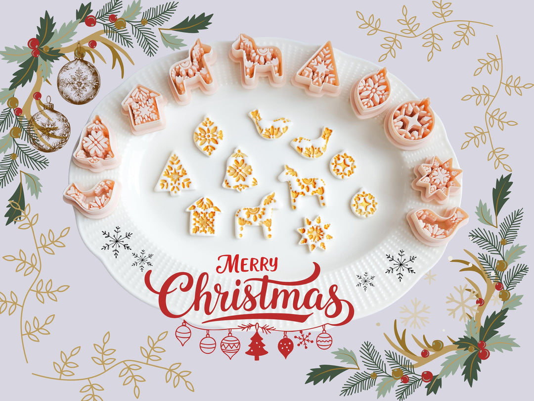 Polymer Clay Christmas Ornament Cutters | Scandinavian Style Clay Cutter Set | Holiday Bell, Tree, Reindeer, Bird, Star Shapes for Crafts