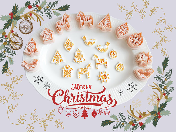 Polymer Clay Christmas Ornament Cutters | Scandinavian Style Clay Cutter Set | Holiday Bell, Tree, Reindeer, Bird, Star Shapes for Crafts