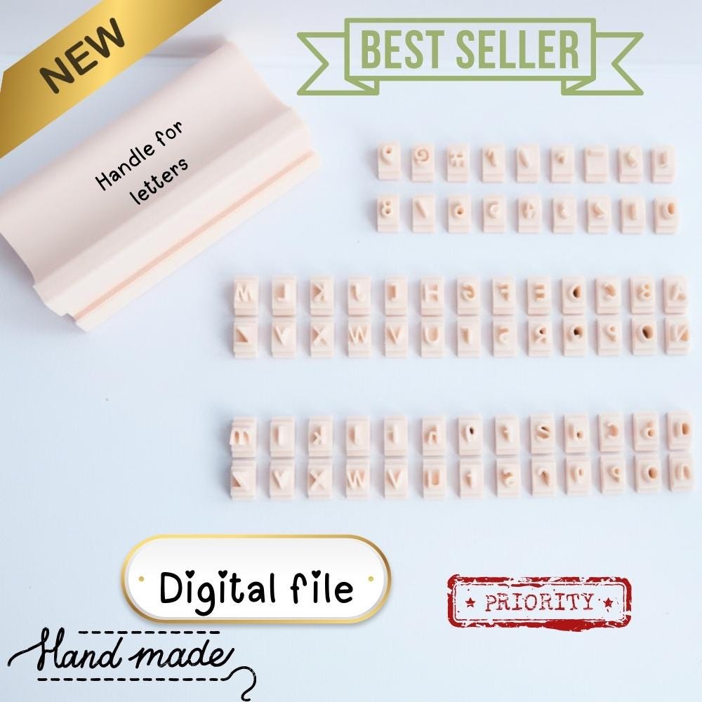 Alphabet Stamp Set STL | 6mm Clay Letter Stamps with Handle | Uppercase & Lowercase Letters, Numbers and Symbols | 3D Print Files