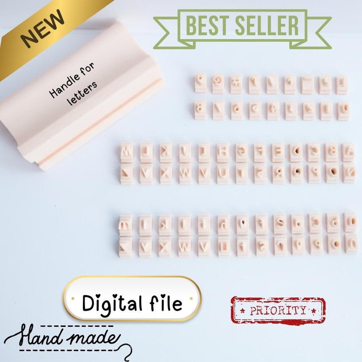 Alphabet Stamp Set STL | 6mm Clay Letter Stamps with Handle | Uppercase & Lowercase Letters, Numbers and Symbols | 3D Print Files
