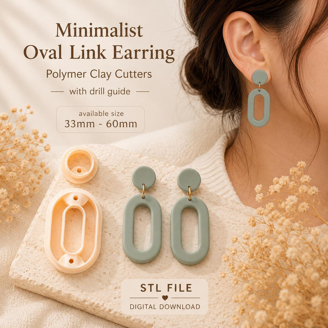 Minimalist Oval Link Earring Polymer Clay Cutters with Drill Guide | Modern Geometric Earring STL File 33mm-60mm | Oval | Digital Download