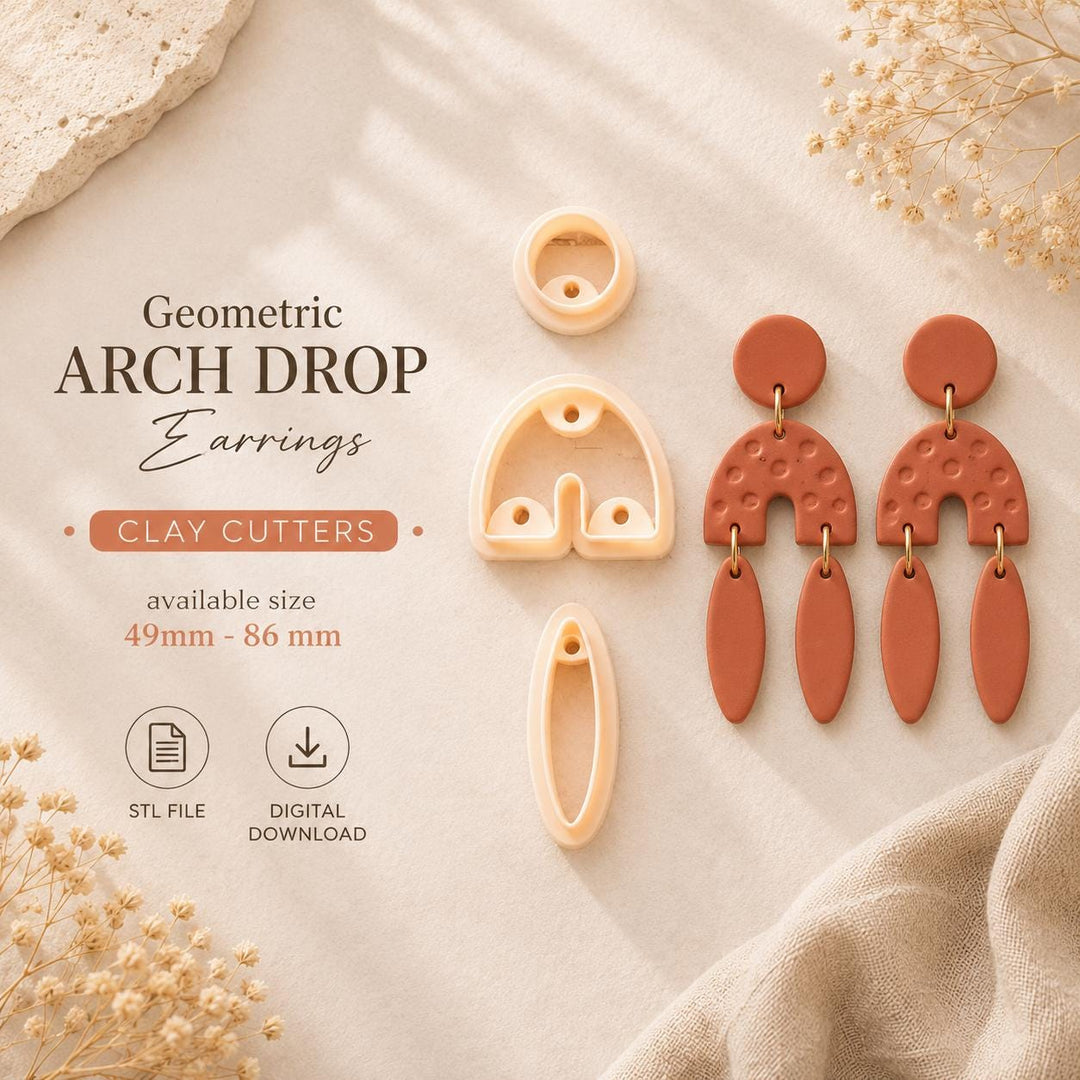 Geometric Arch Drop Earrings Polymer Clay Cutters with Drill Guide | Modern Boho Statement Earring STL File | Arch Dangle Clay Cutters |