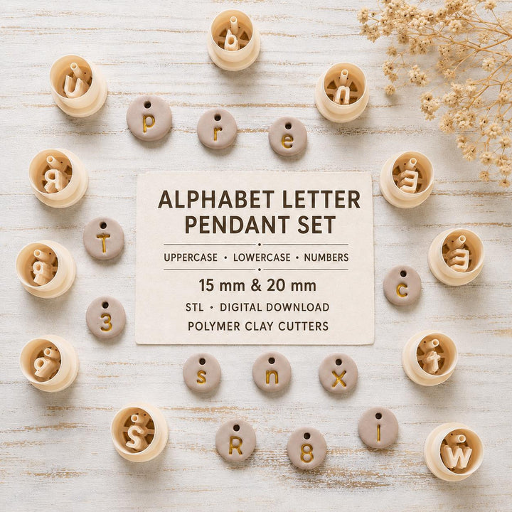 Alphabet Letter Pendant Cutter Set | Lowercase Uppercase Number Clay Cutters | Bracelet Connector Cutter | Polymer Clay STL