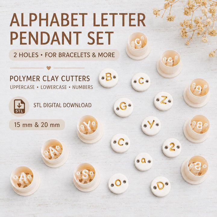 Alphabet Letter Pendant Cutter Set STL | Bracelet Letter Clay Cutters | Uppercase Lowercase Number Cutters | Polymer Clay Tools I Digital