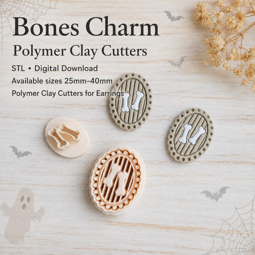 Bones Charm Polymer Clay Cutter STL File, Halloween Earring Tool, Spooky Skeleton Jewelry 3D Print Design, Digital Download, Sizes 25–40 mm