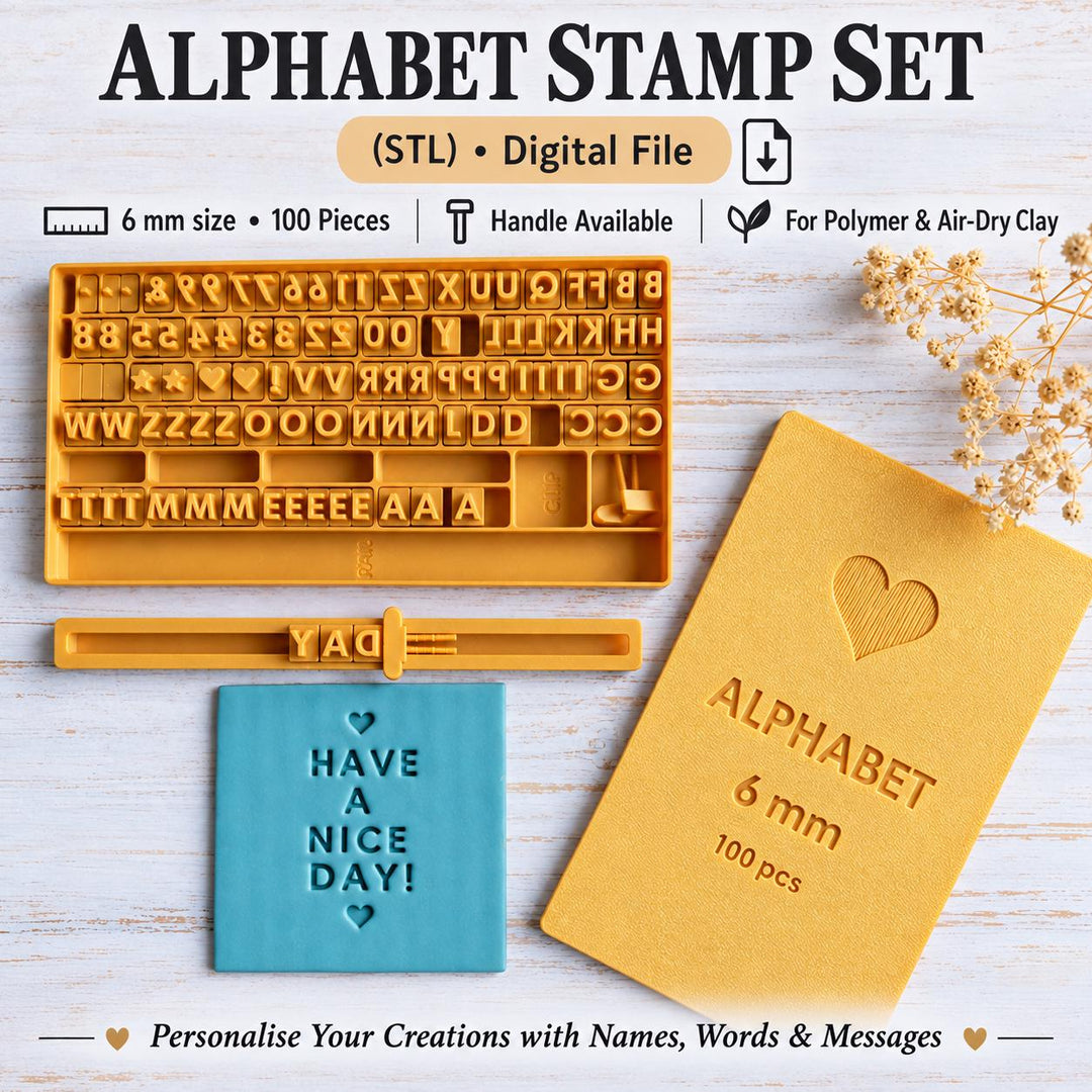 Alphabet Stamp Set STL, 6mm Polymer and Air-Dry Clay Letter Stamps, 100 Pieces, Optional Handle, Storage Case, 3D Print Digital Download