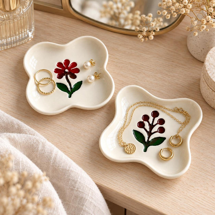 Botanical Clay Stamp STL Set, 4 Floral and Leaf Designs for Trinket Dishes, Polymer Clay Embossing Tools, Digital Download, 40–60 mm