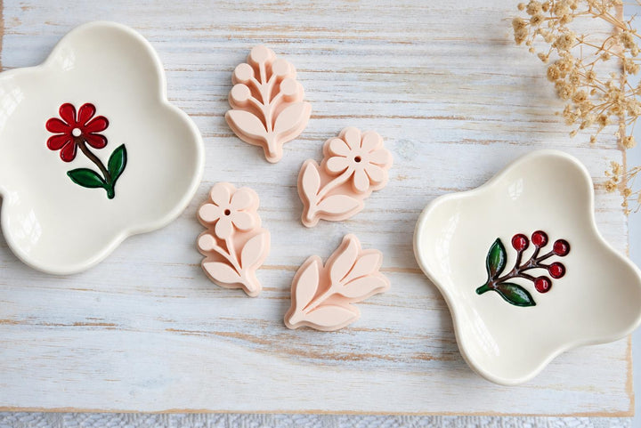 Botanical Clay Stamp STL Set, 4 Floral and Leaf Designs for Trinket Dishes, Polymer Clay Embossing Tools, Digital Download, 40–60 mm