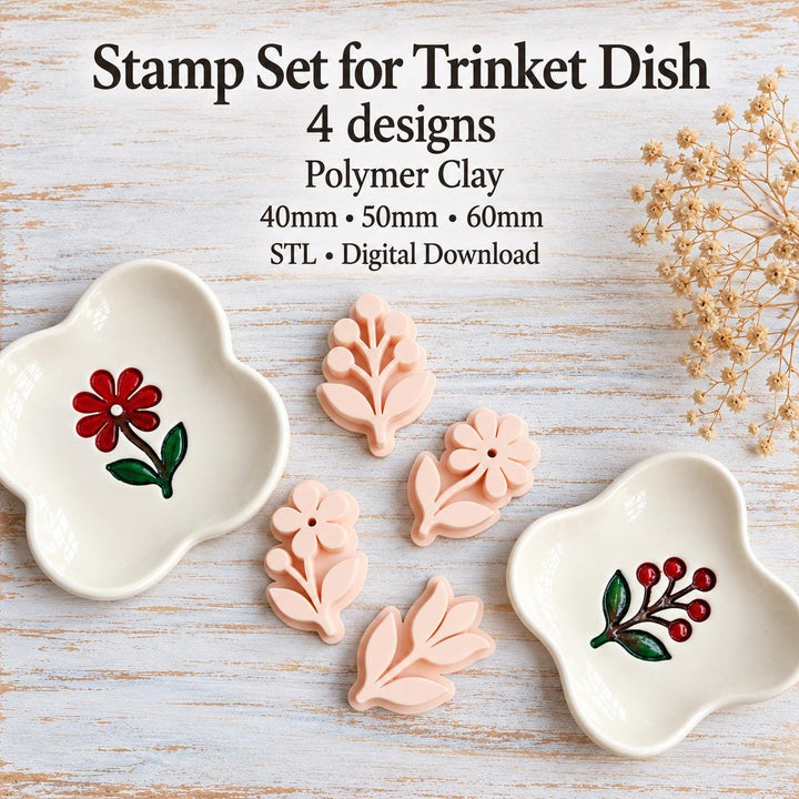 Botanical Clay Stamp STL Set, 4 Floral and Leaf Designs for Trinket Dishes, Polymer Clay Embossing Tools, Digital Download, 40–60 mm