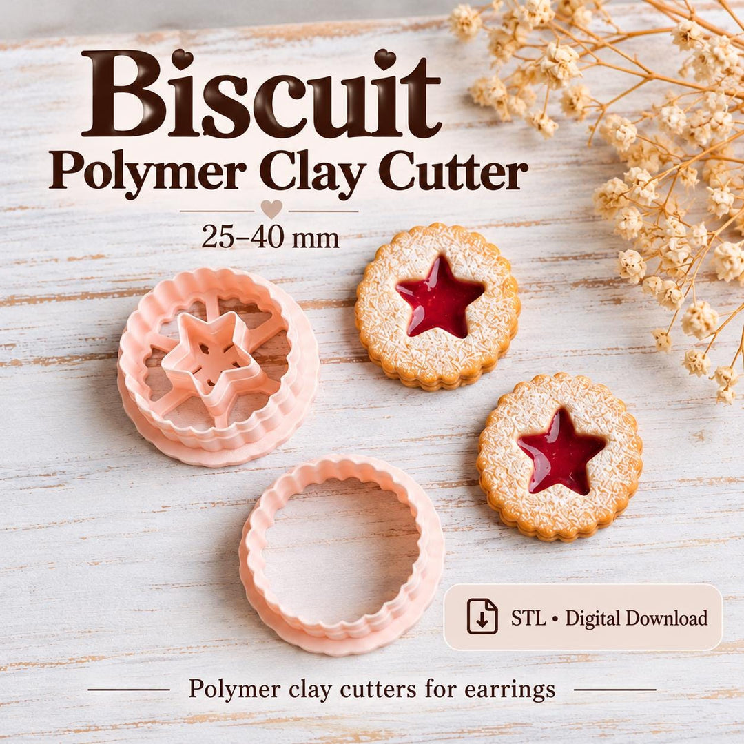 Biscuit Polymer Clay Cutter STL, Star Linzer Cookie Earring Tool, Scalloped Round Jewelry Cutter, Digital Download, Sizes 25–40 mm