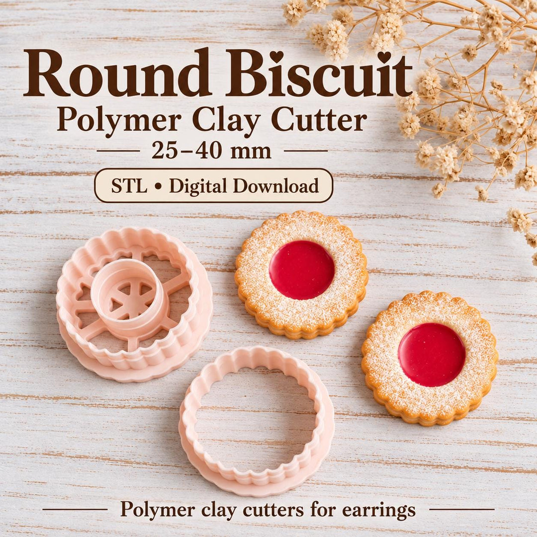 Round Biscuit Polymer Clay Cutter STL, Linzer Jam Cookie Earring Tool, Scalloped Circle Cutter, Digital Download, Sizes 25–40 mm